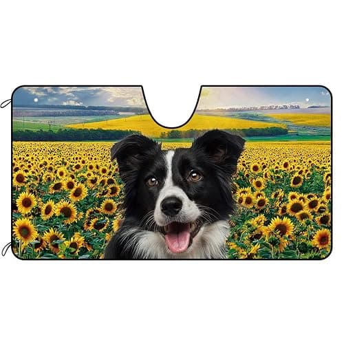 CafeTime Dog Car Windshield Sunshade A Cute Border Collie Dog in The Sunflowers Decor Vehicle Front Windshield Sun Shade Visor UV Ray Reflector Sun Protector, Keep Vehicle Cool, 55" x 30" - Image 1