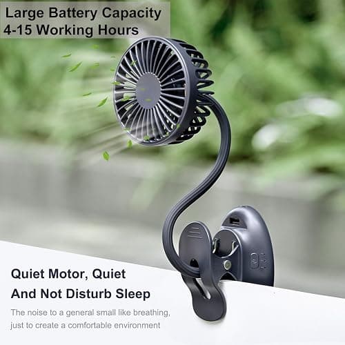 Clip On USB Mini Desk Fan with Emergency Power Bank, Battery Operated Rechargeable Portable Fan - Flexible Neck, 3 Speed Personal Cooling for Baby Stroller, Car, Camping, Office, Dorm, Beach - Black thumbnail 5