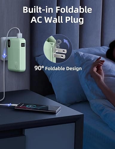 RORRY Portable Charger Built in Cables, AC Wall Plug In Portable Charger Power Bank 10000mAh Travel Battery Pack 22.5W Fast Charging for iPhone 17/16/15 Samsung Galaxy S24/S23/S22 Pixel LG iPad, Green thumbnail 5
