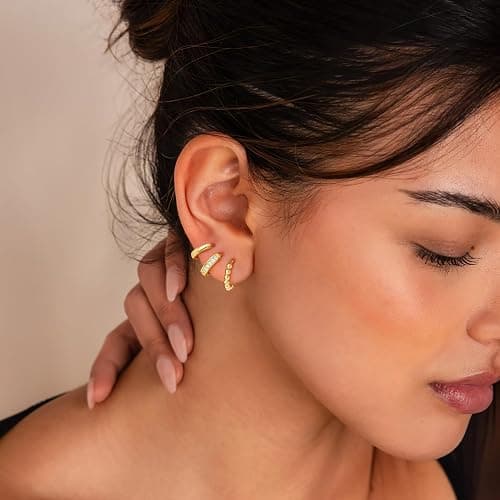 Turandoss Small Gold Hoop Earrings for Women Trendy - 14K Gold Plated Beaded Hoops Hypoallergenic Huggie Cubic Zirconia Earrings, Dainty Hoops Earring Set for Multiple Piercing thumbnail 5
