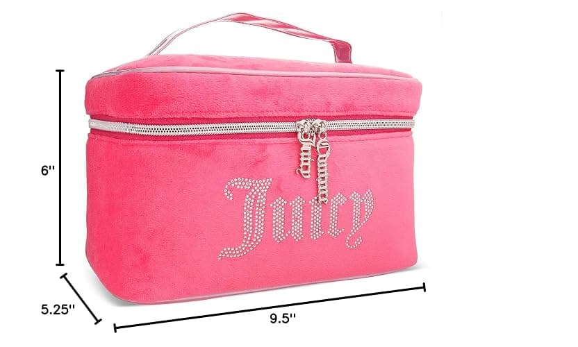 Juicy Couture Pink Silver Makeup Bag Cosmetics Organizer Travel Essentials Train Case Velour Rhinestones thumbnail 2