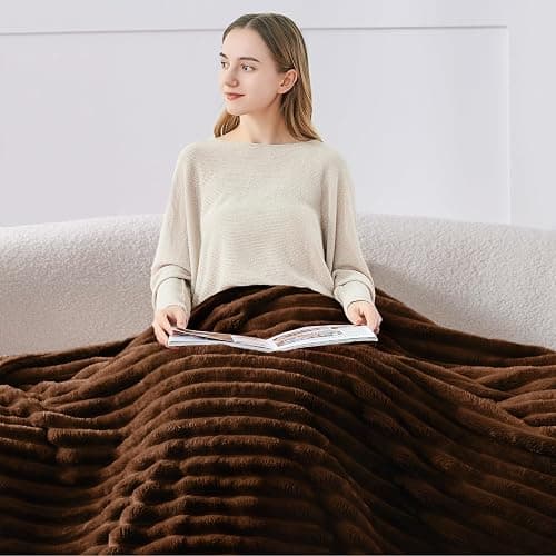 BEDELITE Fleece Throw Blanket for Couch - 300GSM Soft & Warm Fluffy Chotolate Brown Blanket, Decorative and Giftable Striped Blankets for Women, Men, 50"x60" thumbnail 4
