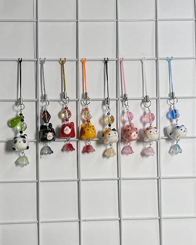 Agromusk Cat Phone Charms,Cute Lucky Kitty Beaded with Flower Phone Strap,Kawaii Y2K Bag Decor Aesthetic Cat Charm Accessories thumbnail 2