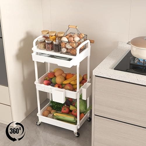 LLMRR 3 Tier Rolling Utility Cart with Drawer, Plastic Storage Organizer Rolling Carts with Wheels Handles Hanging Cups Hooks for Office, Bathroom, Kitchen,Craft Art Room (White) thumbnail 2