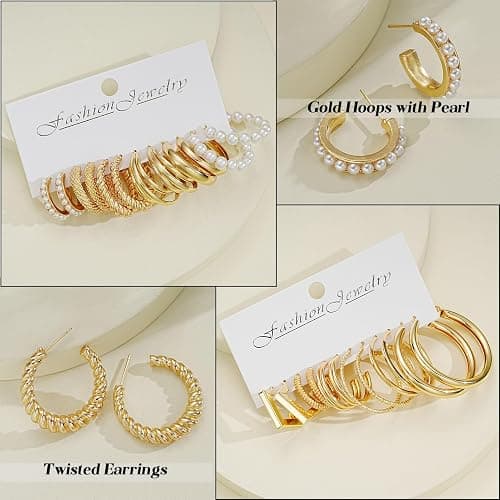 42 Pairs Gold Hoop Earrings Set for Women, Fashion Chunky Pearl Earrings Multipack Twisted Statement Earring Pack, Hypoallergenic Small Big Hoops Earrings for Birthday Party thumbnail 7
