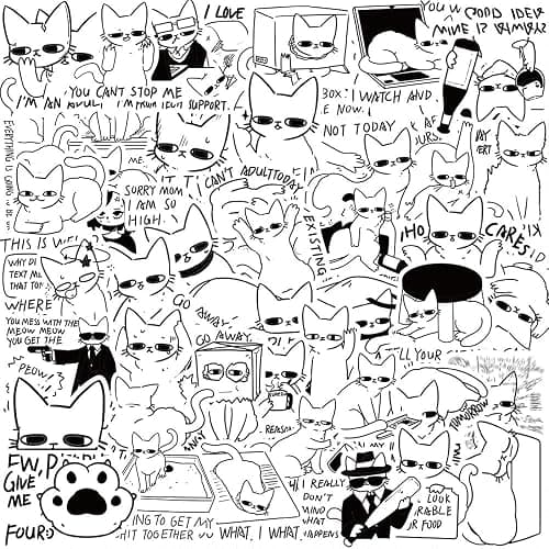 50PCS Funny Black White Cat Meme Stickers for Adults – Cute Emotional Cats Vinyl Decals for Laptop, Water Bottle, Phone Case, Scrapbook, Notebook, Journal – Aesthetic Waterproof Sticker Pack - Image 1