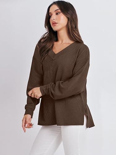 ANRABESS Oversized Long Sleeve Shirts for Women Off the Shoulder Sweatshirt Loose V Neck Tunic Tops High Low Sweater 2025 thumbnail 3