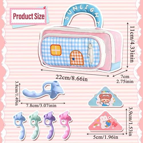 FOSDICK Cute Pencil Case for Girls, Kawaii Pencil Cases, Pink Pencilcase with compartments, Pencil Pouch with Handle, for Girls Student Teenage School Office, with 4 Pencil Grips and 2 PP Clips thumbnail 6