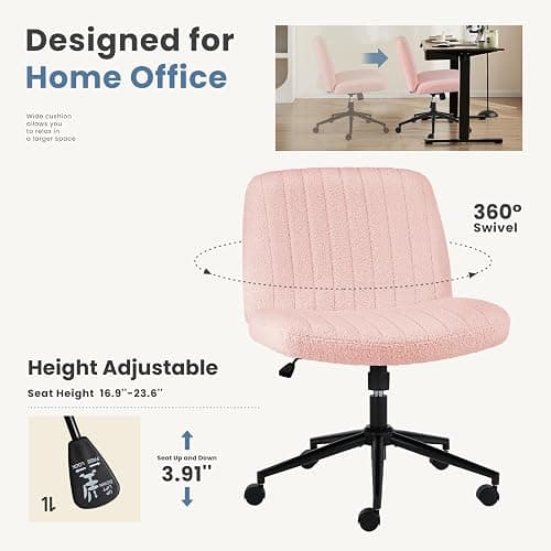 DUMOS Criss Cross Chair with Wheels, Legged Office Armless Wide Desk Seat with Dual-Purpose Base, Adjustable Swivel Teddy Fabric Task Vanity Home Bedroom, Pink - Pink - With Wheels thumbnail 6
