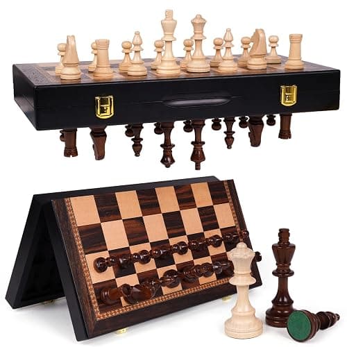 15 Inch Magnetic Chess Set with Wooden Folding Board, Staunton Chess Pieces, 2 Extra Queens Included, Portable Travel Chess Set, Classic Strategy Board Game for Kids & Adults (Ebony) - Image 1