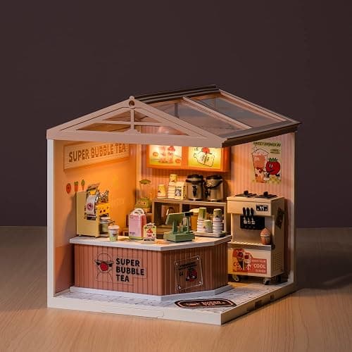 Rolife LED Building Blocks for Adults,1:24 Toy Building Sets,Model Building Kits for Kids Ages 8-12-15,DIY Miniature Dollhouse Kits for Adults,Hobbies for Women Men (4.Double Joy Bubble Tea) thumbnail 2