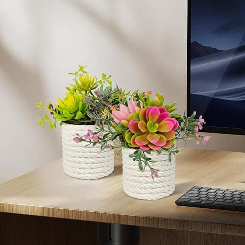 FOUSUKA Set of 2 Fake Succulents Plants Artificial Small Succulent Plants Potted for Home Decor Indoor Table Living Room Bedroom Bathroom Shelf Women Office Desk Accessories Decoration (Green) thumbnail 6