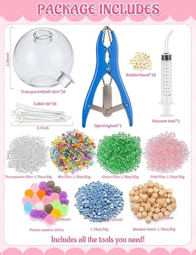 43 Pcs DIY Stress Ball Making Kit with Filler | 16 Transparent TPR Skins, 10.56 oz Fillers, Air Pump, Expander Tool, Cable Tie, Create Anxiety Relief Toys thumbnail 2