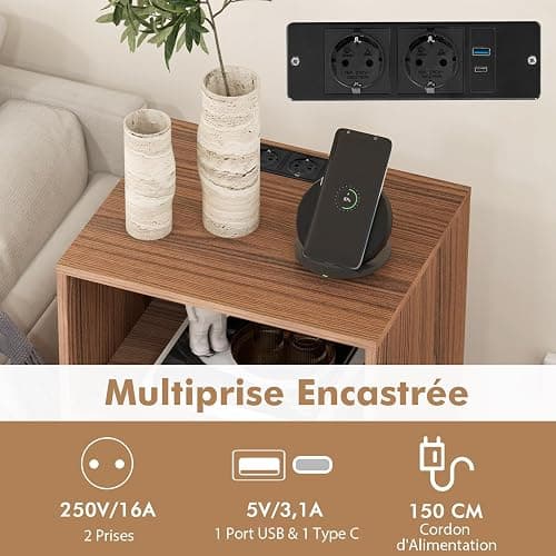 COSTWAY Meuble Tourne-Disque Vinyle avec Prise, Support Tourne-Disque pour Albums avec Station de Charge, 2 Prises, 1 USB,1 Type-C, Pieds en Métal, Table d’Appoint pour Salon Chambre (Noyer) thumbnail 3
