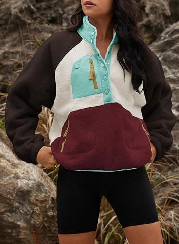 Yanekop Womens Fuzzy Fleece Pullover Sherpa Sweatshirt Long Sleeve Button Down Sweater Winter Fleece Jacket with Pockets thumbnail 5