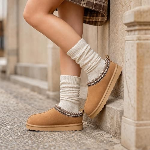 bebealy Genuine Suede Fuzzy Slippers for Women Winter Warm House Shoes | Comfortable Mini Boots for Indoor Outdoor Wear with Soft Plush Lining thumbnail 2