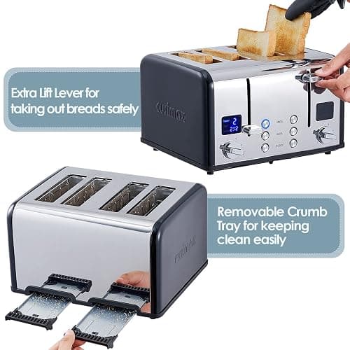 CUSIMAX 4 Slice Stainless Steel Toaster with Digital Display, Black | LED Display with Countdown Timer, 6 Browning Levels, Bagel/Defrost/Cancel, Dual Independent Controls, 1.5" Extra Wide Slots thumbnail 9