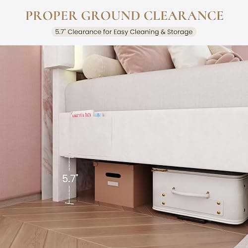 SHA CERLIN Upholstered Queen Size Bed Frame with LED Lights and Large Storage Drawer, Velvet Platform Bed with Adjustable Wavy Headboard, Noise Free, Easy Assembly, No Box Spring Needed, Soft White thumbnail 7