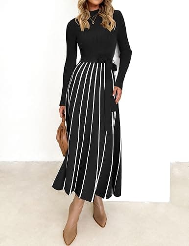 ZESICA Womens 2025 Fall Turtleneck Long Sleeve Sweater Dress Tie Waist Casual Loose Ribbed Knit A Line Midi Dresses thumbnail 3