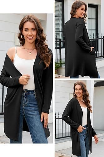 OUGES Women's Open Front Cardigan Shirt with Pockets Long Sleeve Lightweight Coat thumbnail 3