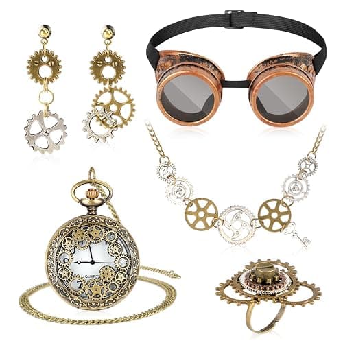 DPKOW Pack of 6 Steampunk Accessories for Women and Men - Glasses, Pocket Watch, Gears, Necklace, Earrings Jewelry Set - Image 1