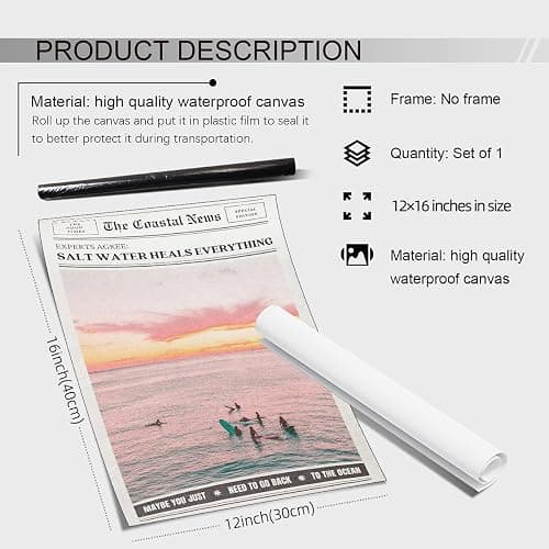 Pink Beach Newspaper Posters Vintage Fashion Coastal Girl Surf Wall Art Grainy Salt Water Heals Everything Canvas Prints for College Dorm Bedroom Wall Decor 12X16 inch Unframed thumbnail 2