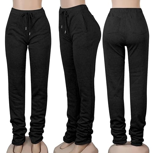 Famnbro Women Stacked Sweatpants Thick Warm Fleece Lined Pants Drawstring Waist Ruched Active Joggers thumbnail 6