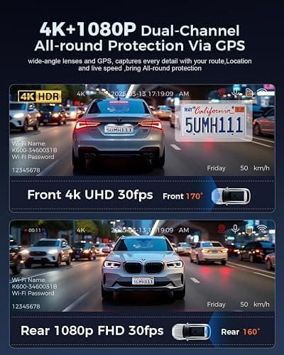 OVAMAN K600 4k Dash Cam Front and Rear, 3.59" IPS Screen, Built-in GPS 5G WiFi Dash Camera for Cars with App, UHD 2160P Night Vision Free 64G SD Card, 170° Wide Angle, HDR, 24H Parking Mode thumbnail 5