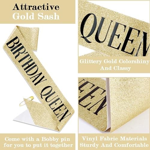 TOBATOBA Birthday Queen Sash and Crown for Women - Gold Rhinestone Tiara and Sash Set for Birthday Decorations Outfits for Women thumbnail 3
