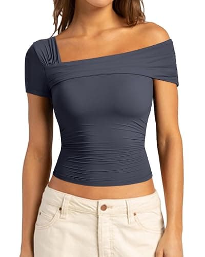 SUUKSESS Women One Off The Shoulder Summer Tank Tops Ruched Short Sleeve Shirts - Image 1