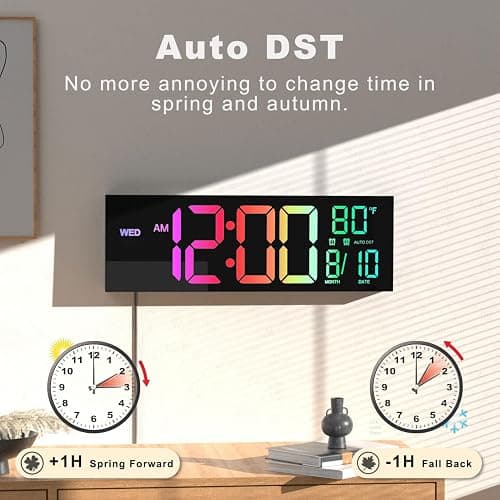 JALL 16" Large Digital Wall Mount Clock, Count Down Timer, Alarm, Big LED, 8 RGB Color, DST, Temperature for Living Room Classroom Desk, Xmas, Birthday Gift for Senior Mom Dad (Black, 16 inches) thumbnail 5