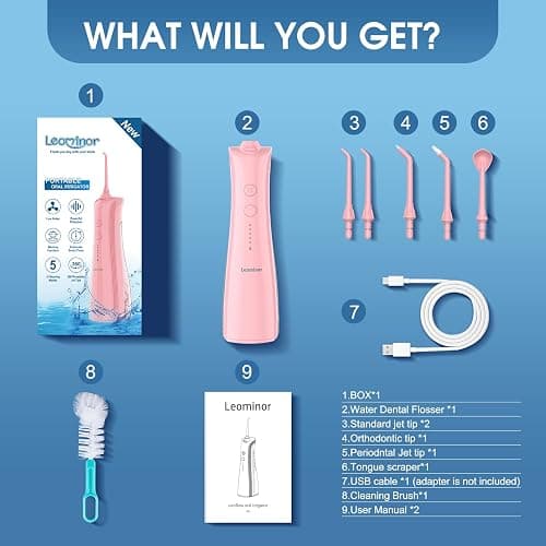 Leominor Water Dental Flosser - 5 Modes Cordless Portable Oral Irrigator, IPX7 Waterproof, Rechargeable Teeth Cleaner Upgrade Datchable Tank Professional Flossing Cleaning Pick for Home Travel (Pink) thumbnail 8