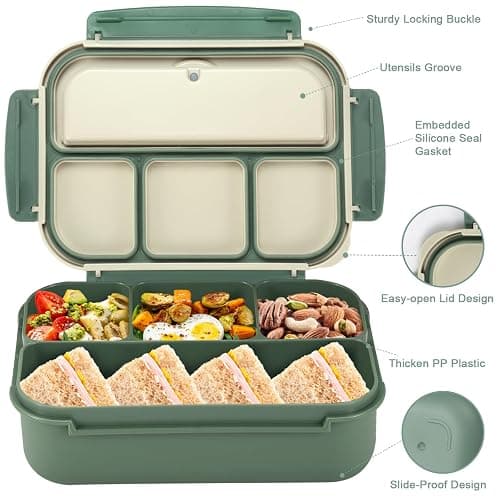 Bento Box Adult Lunch Box, Lunch Containers for Kids Girls Boys with 4 Compartments, Lunchable Food Container with Utensils, Sauce Jar, Muffin Liners, 40 Oz/5 Cup, Microwave & Dishwasher Safe, Green thumbnail 4