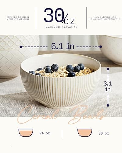 getstar Ceramic Soup Bowls, Big Cereal Bowl Set of 4 with Assorted Embossment (6.1 inch & 30 oz), Farmhouse Vintage Color Bowls for Kitchen thumbnail 3