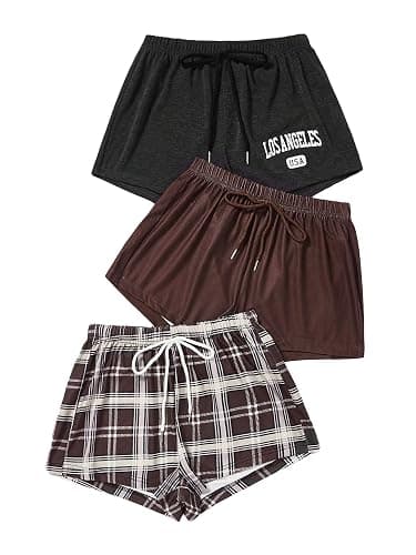 WDIRARA Women's 3 Pack Plaid Letter Graphic Pajama Shorts Elastic Waist Pj Lounge Shorts - Image 1