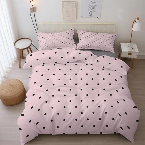 Pink Black Polka Dot Duvet Cover Full 3 pcs, Modern Cute Girly Bedding Set, Super Soft Microfiber, 2 Pillow Sham, Zipper Closure Corner Ties, Polka Dots Decor & Giftsft-3 - Image 1