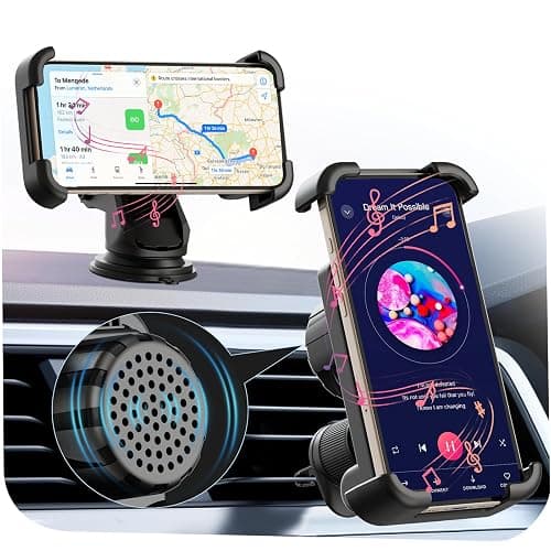 heetipuk Car Phone Holder with Bluetooth Speaker, Amplify Phone Navigation/Music Volume, Induction Speaker User-Friendly for Seniors, Dashboard/Air Vent Mount, USB A to C Cable - Image 1