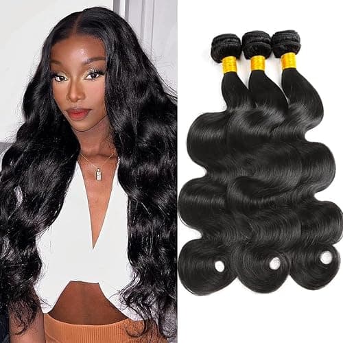 Body Wave Bundles Human Hair 14 16 18 Inch 100% Unprocessed Brazilian Virgin Human Hair Weave Bundles Hair Weft Body Wave Hair Extension for Black Women Natural Black - Image 1
