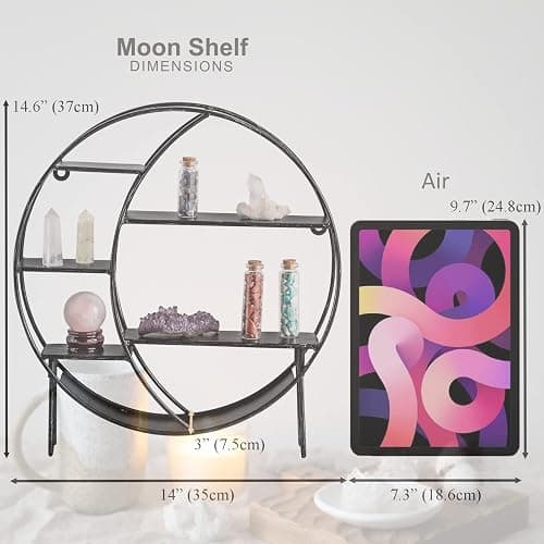 Apresolar Moon Shelf for Crystals - Circle Shelf Wall Decor for Wall and Countertop - Crystal Shelf Display for Stones, Essential Oil, Pendulum - Boho Hanging Moon Shelves (Retro Black) thumbnail 3