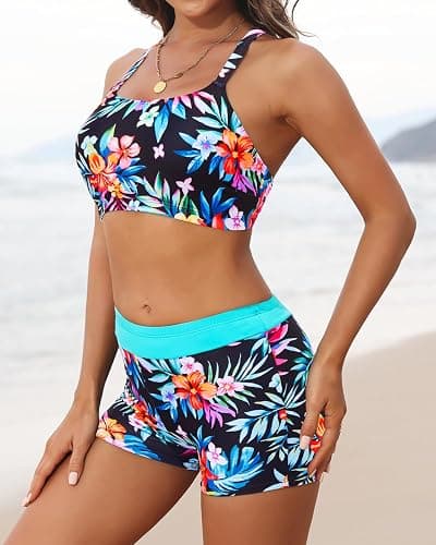 Aqua Eve 3 Piece Tankini Swimsuit for Women Tank Bathing Suit with Shorts Open Back Athletic Swimwear - X-Large - Aqua Colorful Floral thumbnail 4