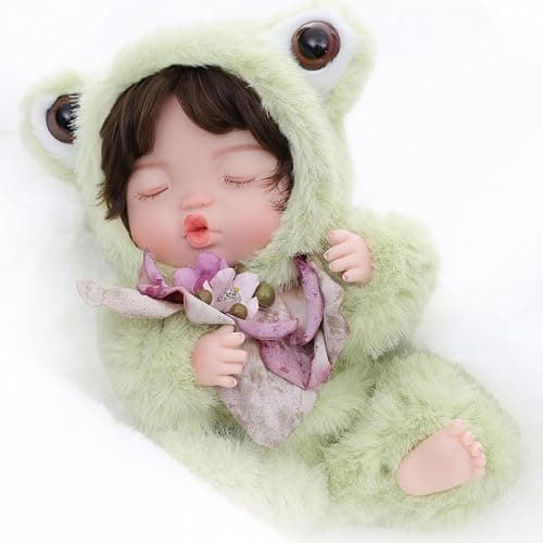 Reborn Baby Doll 10 Inch – Realistic Vinyl Sleeping Girl in Soft Green Frog Outfit – Comfort Doll Gift for Girls & Collectors - Image 1