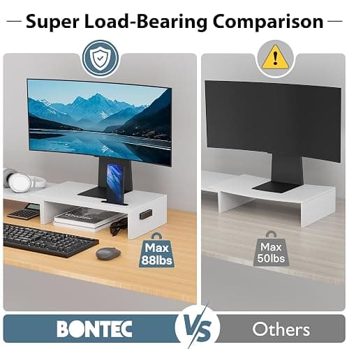 BONTEC Dual Monitor Stand Riser with Smartphone Holder, Adjustable Length & Swivel Angle, Ergonomic Wooden Desktop Organizer for PC Monitor, Laptop, Printer, Large Storage, White thumbnail 5
