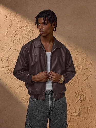 Verdusa Men's Leather Jacket Zip Up Collared Bomber Jackets with Pockets | Leather Jacket Men, Motorcycle Jacket, Zip Up Bomber Jacket, Concert Outfits, Streetwear Men thumbnail 4