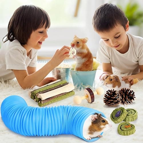 Kyouki Hamster Toys Guinea Pig Toys Set with Tunnel, Chewable Apple Wood & Natural Timothy Hay - Enrichment Chew Toys for Small Animals - 24+ Cage Accessories for Teeth Care & Boredom Relief (Blue) thumbnail 5
