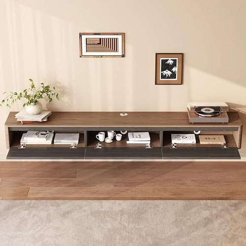 TreLined 66.92" Floating TV Stand for TVs up to 75", Mid Century Farmhouse Wall-Mounted TV Cabinet, Media Console Table with 3 Storage Drawers, Floating TV Cabinet for Living Room, Bedroom, Walnut - 1 Pack: 66.92" thumbnail 8
