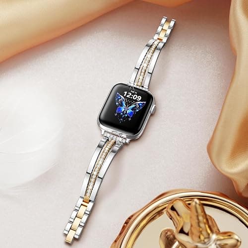 KOREDA Slim Gold Band Compatible for Apple Watch Band 38mm 40mm 41mm 42mm 44mm 45mm 46mm 49mm Series 11 10 9 8 7 SE Ultra Women, Thin Metal Dressy Jewelry Bracelet with Bling Diamond for iWatch Series 6/5/4/3/2/1 thumbnail 7
