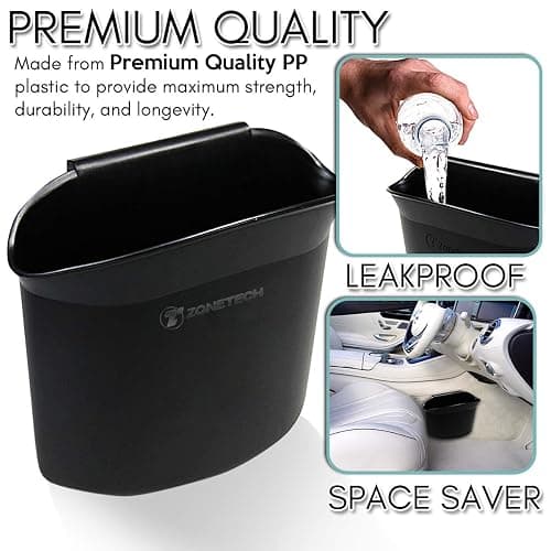 ZONETECH Portable Hanging Mini Car Garbage Can – Classic Black Trash Container - Premium Quality Automotive Universal Compact Traveling Wastebasket for Vehicle,Office, Home (1-Pack) thumbnail 2