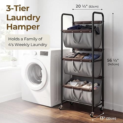 GRANNY SAYS 3 Tiered Laundry Sorter, Narrow Hamper Cart with Wheels | Sturdy 3 Section Laundry Basket with Wheels, Vertical Grey Hamper Cart for Bedroom, Bathroom, Apartment thumbnail 3
