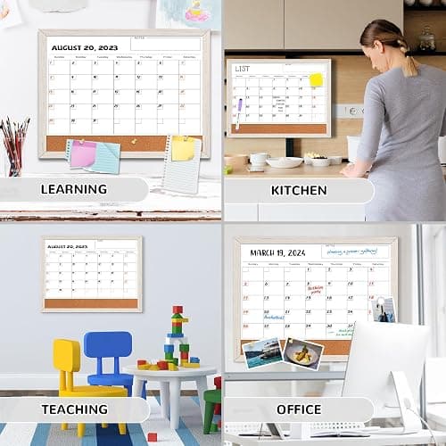 Monthly Whiteboard Calendar & Corkboard for Wall, Magnetic 17"x13" Dry Erase Board with White Wood Framed, 2in1 White Board Cork Board Combo, Calendar Bulletin Board for Kitchen Planner Memo Office thumbnail 7