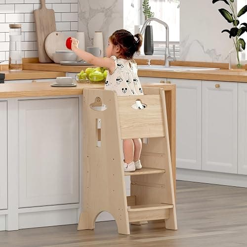 COSYLAND Toddler Standing Tower Adjustable Height - Super Stable Kids Kitchen Stool Helper with Protive Panel - 3 Levels Adjustable Wooden Toddler Kitchen Stool (All Natural) - Image 1